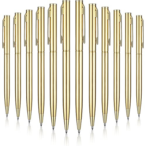 12 Pieces Slim Metallic Retractable Ballpoint Pens Lightweight Black Ink Metal Pens Ballpoint Slim Pens Medium Point 1.0 mm Pens for Business Office School Supplies -Gold-