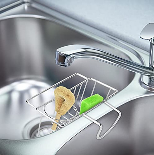 welltop Sponge Holder  plus Brush Holder  plus Dish Cloth Hanger, 3-in-1 Kitchen Sink Caddy Hanging, Stainless Steel Rust Proof Water Proof in Sink Organizer Rack Basket, No Drilling