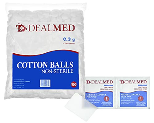 Dealmed Alcohol Prep Pad and Cotton Balls Bundle Pack | Antiseptic Gamma Sterilized Pads -200 Count- and Cotton Balls with Zip-Locked Bag -500 Count- Dealmed Alcohol Prep Pad and Cotton Balls Bundle Pack | Antiseptic Gamma Sterilized Pads -200 Count- and Cotton Balls with Zip-Locked Bag -500 Count-
