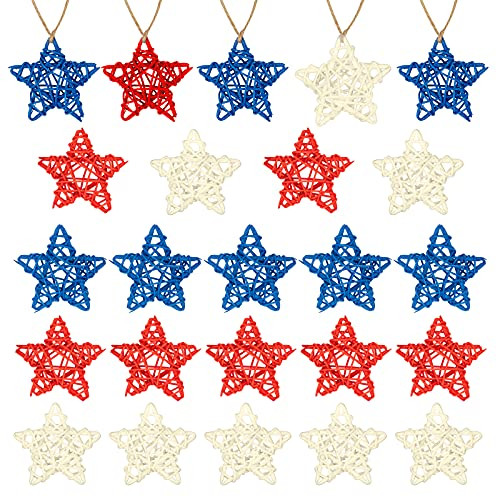 24 Pieces 4th of July Natural Rattan Stars, YASUOA Independence Day 2.36 Inch Star Shaped Wicker Rattan Balls Ornament with Jute Rope, Patriotic Stars for Home Decoration -White, Red, Blue- 24 Pieces 4th of July Natural Rattan Stars, YASUOA Independence Day 2.36 Inch Star Shaped Wicker Rattan Balls Ornament with Jute Rope, Patriotic Stars for Home Decoration -White, Red, Blue-