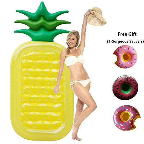 SYITCUN Giant Inflatable Pineapple Pool Party Float Raft Summer Outdoor Swimming Pool Inflatable Floatie Lounge Pool Loungers Adults & Kids-Enjoy Summer Time Family with 3 Inflatable Drink Holder