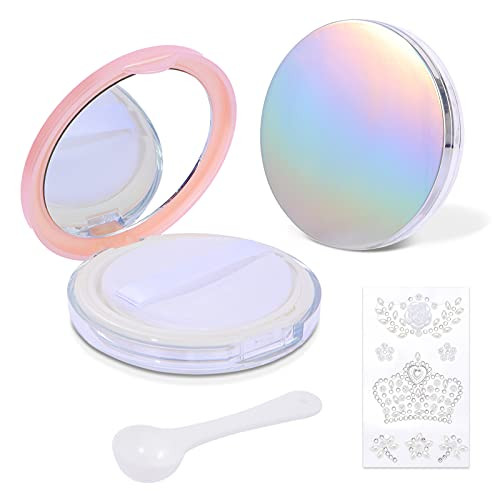 Empty Face Powder Compact with Puff-C.RAN Fire 0.17 oz Portable Powder Puff and Container , Travel Powder Container with Mirror and Elasticated Net Sifter -2pcs,pink plus pearlized-