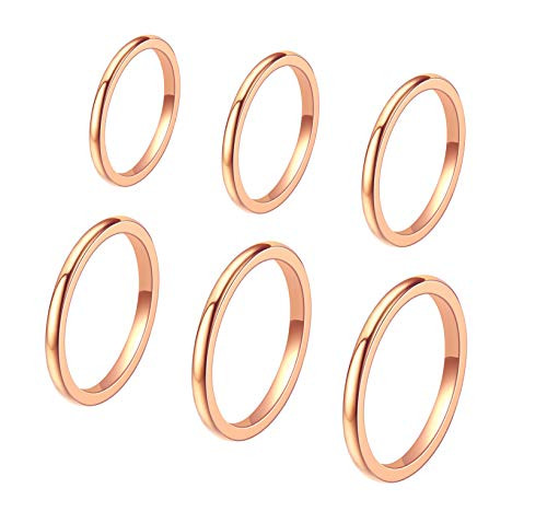 6 Pieces 2MM Stainless Steel Women's Plain Band Knuckle Stacking Midi Rings Comfort Fit Rose Gold Tone