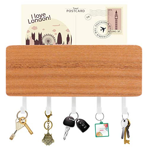 eZAKKA Key Holder for Wall Entryway Mail Holder Adhesive Key Coat Wood Rack for Wall with 5 Key Hook Hangers Decorative Mail Organizer Wall Mount for Entryway, Mudroom, Hallway