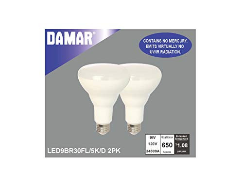 DAMAR DIMMABLE LED, 9W, 120V, BR30, Flood, Medium E26 Base, 15000 HR, EFFICIENT 9W, 5K, Daylight, 2 Pack