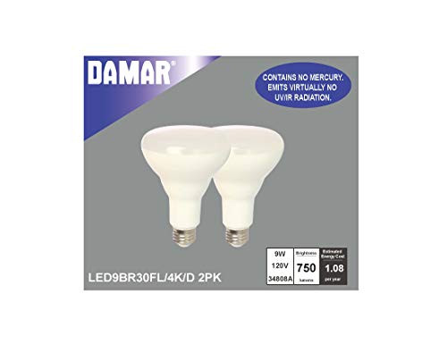 DAMAR DIMMABLE LED, 9W, 120V, BR30, Flood, Medium E26 Base, 15000 HR, EFFICIENT 9W, 4K, Cool White, 2 Pack