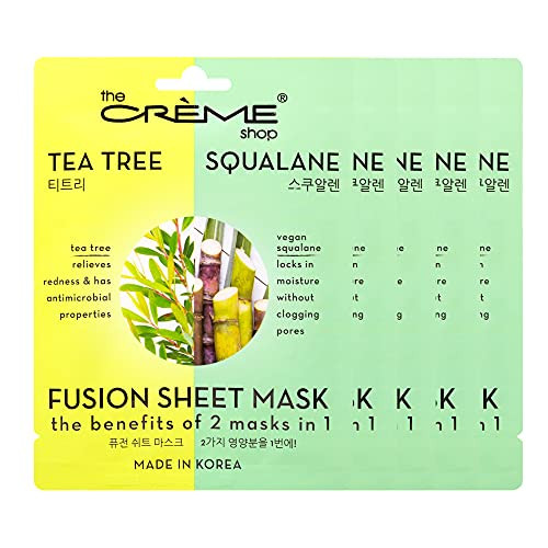 The Crème Shop Tea Tree  and  Squalane Fusion Sheet Mask, Korean Sheet Mask, Tea Tree Face Mask with Vegan Squalane and Hyaluronic Acid, Acne Face Mask -5 Masks-