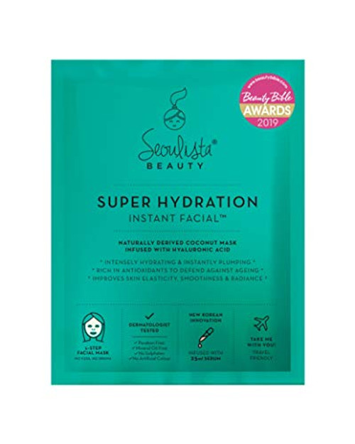 Seoulista Beauty Super Hydration Instant Facial 25ml | Hydrating Beauty Face Sheet Mask for Dry Skin | Dermatologist Created Korean Skin Care | Infused with Hyaluronic Acid and Coconut