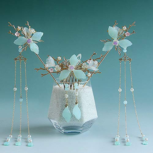 Houchu Chinese Hair Sticks Vintage Chinese Hanfu Hair Pins Earrings Set Classical Long Tassel Hair Sticks/Hair Comb/Earring Clip Handmade Hair Jewelry Accessories -A-