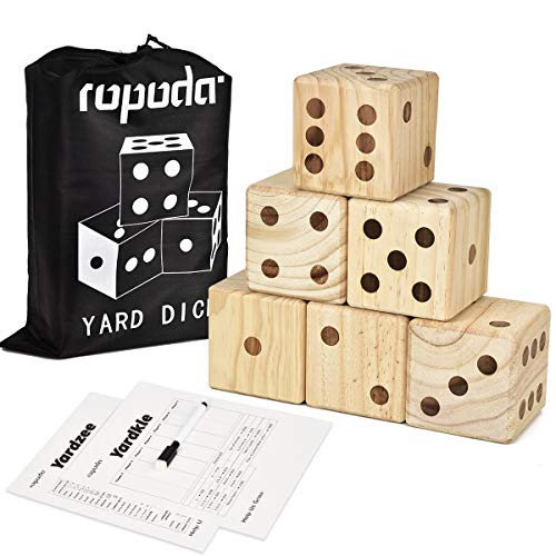 ROPODA Giant Wooden Yard Dice-Giant Outdoor Gaming Dice Set 3.5"-Includes 6 Dice, Scoreboard and Canvas Carrying Bag-Great Backyard and Lawn Game. ROPODA Giant Wooden Yard Dice-Giant Outdoor Gaming Dice Set 3.5"-Includes 6 Dice, Scoreboard and Canvas Carrying Bag-Great Backyard and Lawn Game.