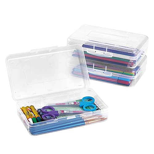 Sooez Plastic Pencil Box, 3 Pack Large Capacity Pencil Boxes Plastic Boxes with Snap-tight Lid, Office Supplies Storage Organizer Box, Stackable Design and Stylish, Clear