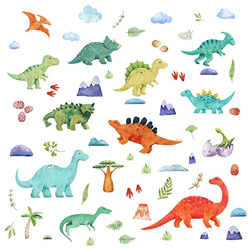 2 Sheets Watercolor Dinosaur Wall Decals, Large Dinosaur Tropical Plant Wall Stickers Removable Dinosaur Wall Stickers for Kids Baby Bedroom Nursery Living Room Decor