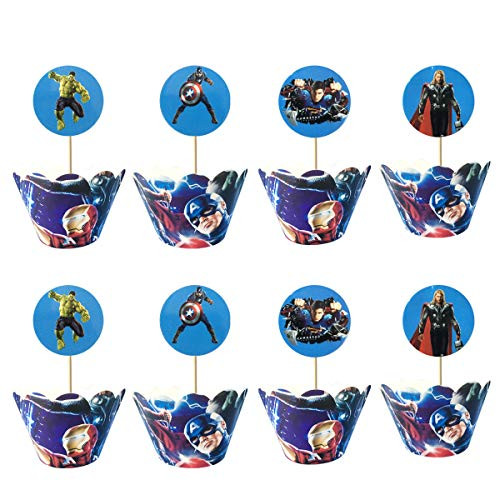 12pc Superman Cupcake Topper and Cupcake Wrapper Picks Boy Children Superhero Party Decoration Kid's Birthday Avengers Party Decoration Supplies -Superhero-