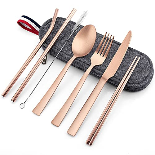 Matte Copper Travel Utensils with Case, E-far 8-Piece Reusable Travel Silverware Set, Metal Portable Camping Cutlery Flatware Set Includes Knife, Fork, Spoon, Chopsticks, Straws, Cleaning Brush