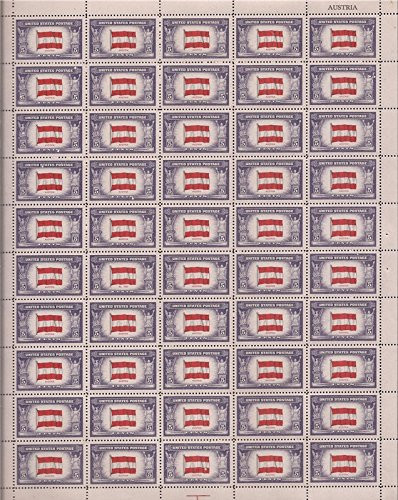 US Stamp 1943 Overrun Country Austria 50 Stamp Sheet NH Scott 919