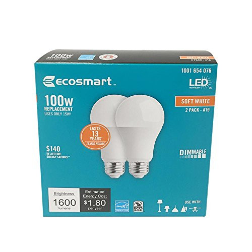 EcoSmart 100W Equivalent Soft White A19 Dimmable LED Light Bulb -2-Pack-