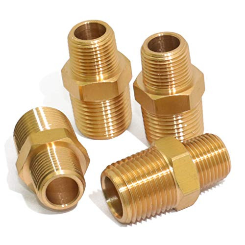 KOOTANS 1/2 NPT x 3/8 NPT Male Solid Brass Hex Nipples, Heavy Brass Pipe Adapter Fittings Reducing Nipples Connectors 4Pieces