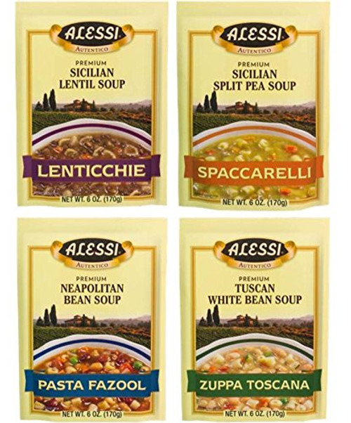 Alessi Athentic Italian Soup Mix 4 Flavor Variety Bundle: -1- Tuscan White Bean Soup, -1- Sicilian Lentil Soup, -1- Sicilian Split Pea Soup, and -1- Neapolitan Bean Soup, 4-6 Oz Ea