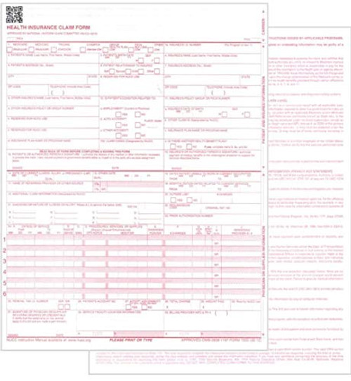 Health Insurance Claim Forms, New CMS-1500, HCFA -04/14 Medicare Approved 02/12 Version-, 1-Part, 8.5" x 11" 24-lb Paper - 1 Package of 100 Sheets/Forms