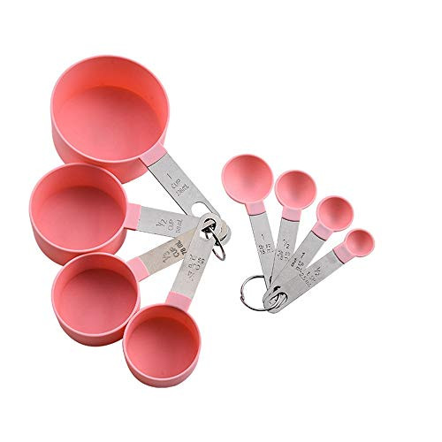 HUOFU Stainless Steel Measuring Cups and Spoons, Metal Cup and Spoon Set for Measure Dry Liquid Ingredients, Seasoning Spoon Tea Scoop Set-Pink-