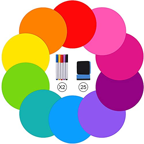 10 Pcs Dry Erase Dots Circles for Classroom Table, 25 PCS Magnetic Dry Erasers  and  10PCS Dry Erase Markers, Removable Vinyl Dots Stickers Wall Decal for Drills and Training Home, Office, School Teaching
