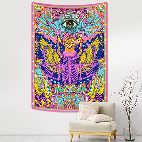 Trippy Skull Tapestry Hippie Butterfly Tapestry Psychedelic Eye Tapestry Stars Wall Tapestry Colorful Skeleton Tapestry Wall Hanging for Room -51.2 x 59.1 inches-
