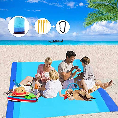 Beach Blanket, Oversized Picnic Blankets Sandproof Beach Mat 79" X 83" Suitable for 4-7 Adults, Portable Lightweight Picnic Mat for Travel, Camping with Waterproof Case-Blue-