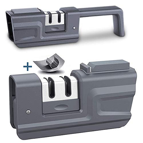 Manual Knife Sharpener, Best Professional Foldable 3-Stage Knife Sharpeners with Tungsten steel/Ceramics/Diamond Sharpening Stones, Ergonomic Designed Comfort Grip, Stable Non-Slip Base. -Gray-