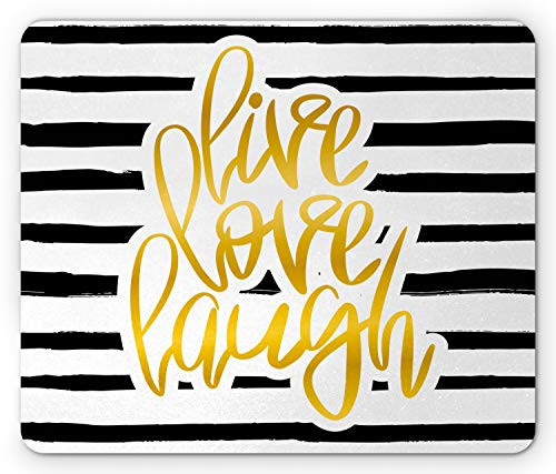 Ambesonne Live Laugh Love Mouse Pad, Romantic Design with Hand Drawn Stripes and Calligraphic Text, Rectangle Non-Slip Rubber Mousepad, Standard Size, White Yellow
