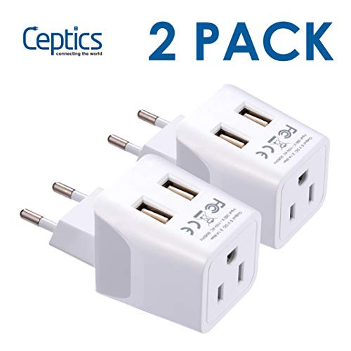 European, Egypt Travel Adapter Plug by Ceptics with Dual USB - Type C - Europe - USA Input - Light Weight - Perfect for Cell Phones, Chargers, Cameras and More - 2 Pack