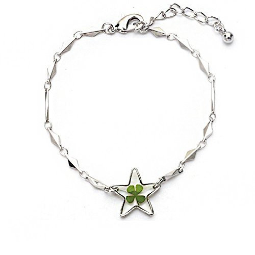Stainless Steel Real Irish Four Leaf Clover Good Luck Symbol Clear Star Charm Bracelet 7''-8.5''