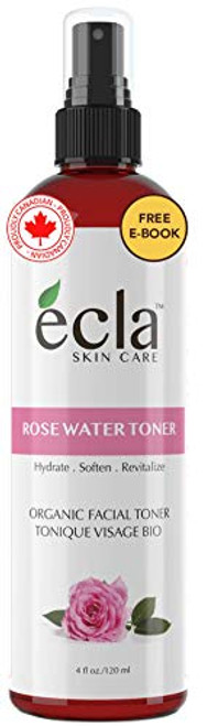 Rose Water Spray Mist Toner -4 Oz 120 ml- for Face Eyes Skin and Hair - 100 percent Pure Organic Moroccan Rosewater Facial Toner Hydrosol Natural Astringent, Chemical-Free for All Skin Types