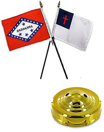 AES State Arkansas  and  Christian 4"x6" Flag Desk Set Table Stick Gold Base