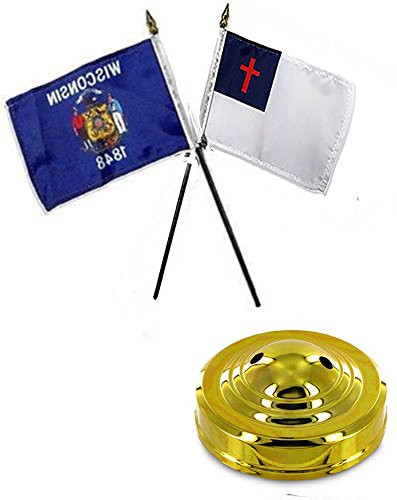 AES State Wisconsin  and  Christian 4"x6" Flag Desk Set Table Stick Gold Base