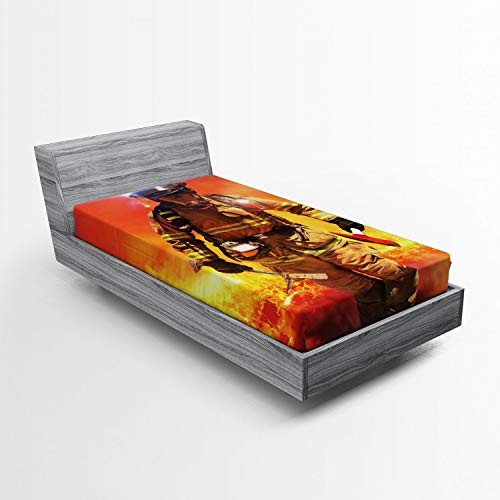 Lunarable Service Fitted Sheet, Man in a Building on Searching for Survivors Emergency Services Illustration, Bed Cover with All-Round Elastic Deep Pocket for Comfort, Twin XL Size, Multicolor