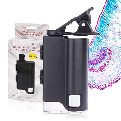 60x-100x Pocket Microscope,Handheld Mini Microscope with LED Lighted Zoom,UV Lighting,Smartphone Holder,Portable Microscope for Children Students Microbiological Observation Preschool Home Study