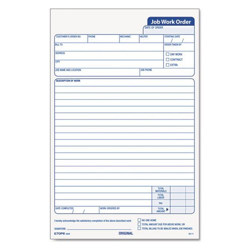 Tops Snap-Off Job Work Order Form, 5 1/2 x 8 1/2, Three-Part Carbonless, 50 Forms TOP3868