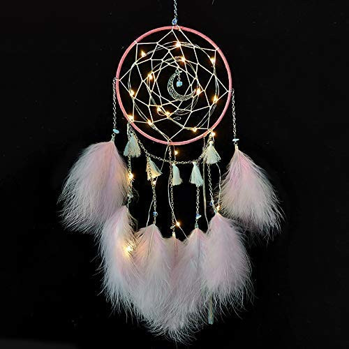 Meticci LED Dream Catcher, LED Dream Catchers, Dream Catcher, Dream Catchers Handmade Traditional Feather Hanging Home Wall Decoration Decor Ornament Craft Native American Style -Pink-