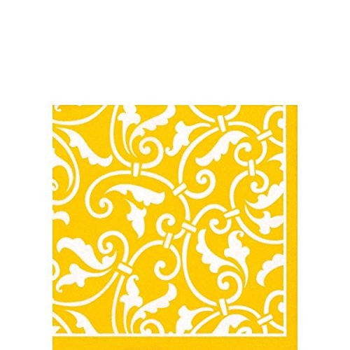 amscan Highly Absorbent Sunshine Ornamental Scroll Beverage Napkins -16 Pack-, 5 x 5, Yellow/White