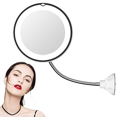 LED Lighted 10X Magnifying Makeup Mirror, Flexible Gooseneck  and  360 Degree Swivel Magnifying Mirror with Suction Cup for Makeup  and  Shaving, Travel and Home Round Shape Cordless Bathroom Vanity Mirror