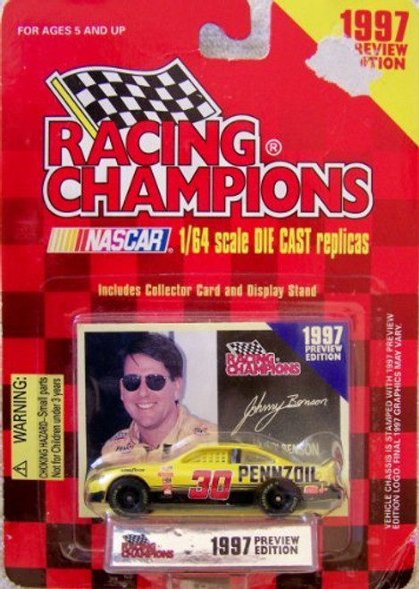 1997 Preview Edition Racing Champions Johnny Benson 30 Pennzoil Car 1:64 Scale Die Cast Replica w/Collector Card and Display Stand