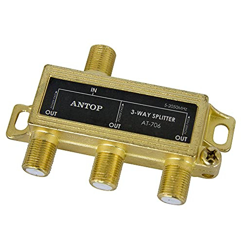 3 Way Coaxial Cable Splitter - ANTOP Digital Antenna Splitter 2GHz- 5-2050MHz Compatible with HD TV, Satellite, Antenna, Gold Plated Connector