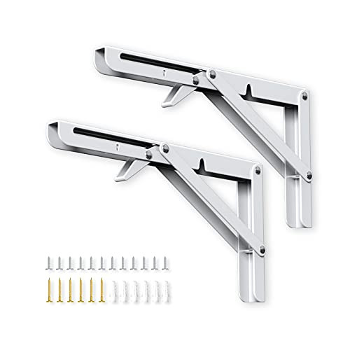 White Folding Shelf Brackets 10 Inch, 2Pcs Heavy Duty Metal Collapsible Shelf Bracket, DIY Wall Mounted L Shelf Brackets for Table Work Bench, Space Saving Folding Brackets