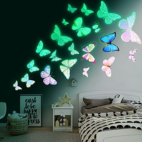 Glow Butterfly Wall Decor Stickers,58Pcs Luminous Butterfly Wall Decals Colorful Wall Art Butterfly Decor Glow in The Dark Wall Decals for Kids Girls Bedroom Bathroom Decorations-Green