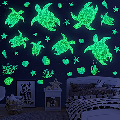 Ocean Wall Decals,Glow Turtle Wall Decals Stickers,Under The Sea Turtle Bathroom Wall Decor for Kids,Sea Life Wall Decor for Bedroom Nursery Birthday Gifts