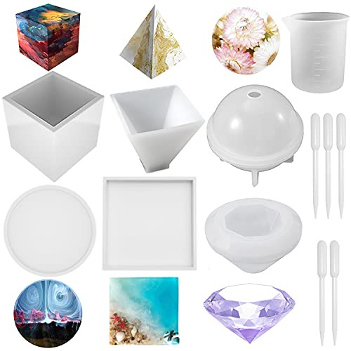 LABOTA Silicone Resin Molds 12Pcs Resin Casting Molds Including Sphere, Cube, Pyramid, Diamond, Square, Round, 1 Measuring Cup  and  5 Plastic Transfer Pipettes for Resin Epoxy, Candles, Soap, Bowl Mat