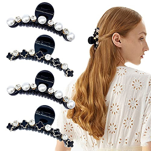 4 Pcs Pearl Hair Clips Hair Clips for Women Sparkly Pearl Big Rhinestone Big Hair Claw Clip, Cute Hair Jaws Claw for Women  and  Girls Strong Hold Hair Clips Catch Barrette for Thick/Thin Hair