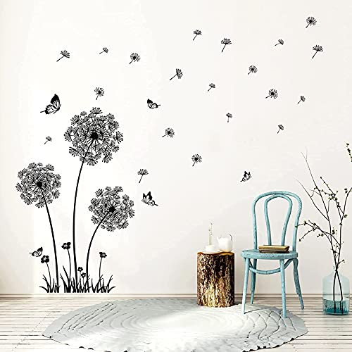 KIDSKY Black Dandelion Wall Decals Flying Flowers Butterflies Wall Stickers Removable Dandelion Wall Decor Sticker Dandelion Nursery Wall Decals Stickers for Living Room Bedroom Home Decor