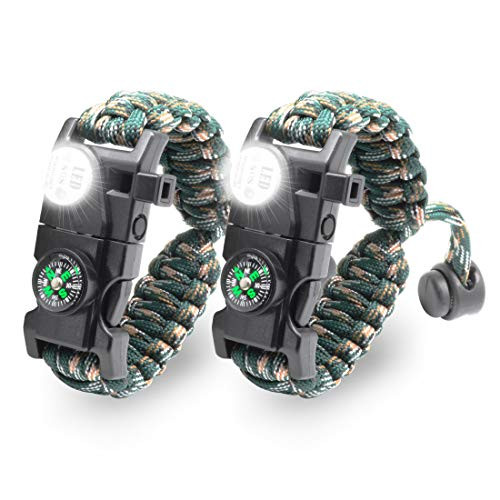 LeMotech 20 in 1 Adjustable Paracord Survival Bracelet, Tactical Emergency Gear Kit Includes SOS LED Flashlight, Compass, Rescue Whistle and Fire Starter-Outdoor Hiking Camping -Mountain Camo -2pcs--