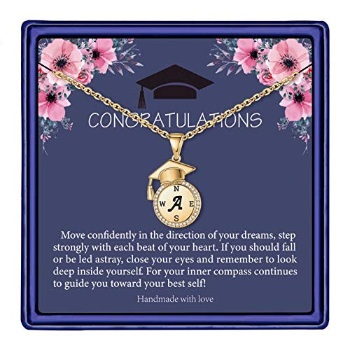 Graduation Gifts for Her 2021, Seniors Class of 2021 High School College Graduation Gifts for Daughter Best Friend, Gold Inspirational A Initial Compass Graduation Necklaces for Women Girls Jewelry
